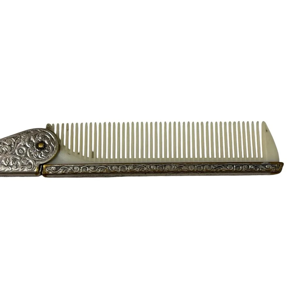 Vintage Silver Tone Mini Hand Mirror Folding Comb Set Floral Engraved Vanity